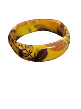 Vintage Yellow Resin Bangle Brown & Orange Leaf Print Boho Design Size 7 3/4